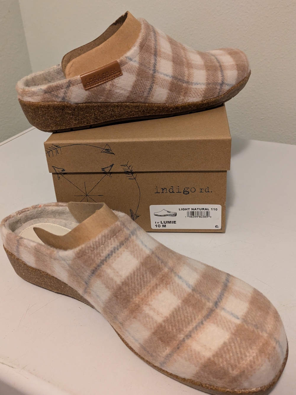 Indigo Plaid Wool-Like Slip-On Clogs in Beige Cozy, Cabincore Cottagecore